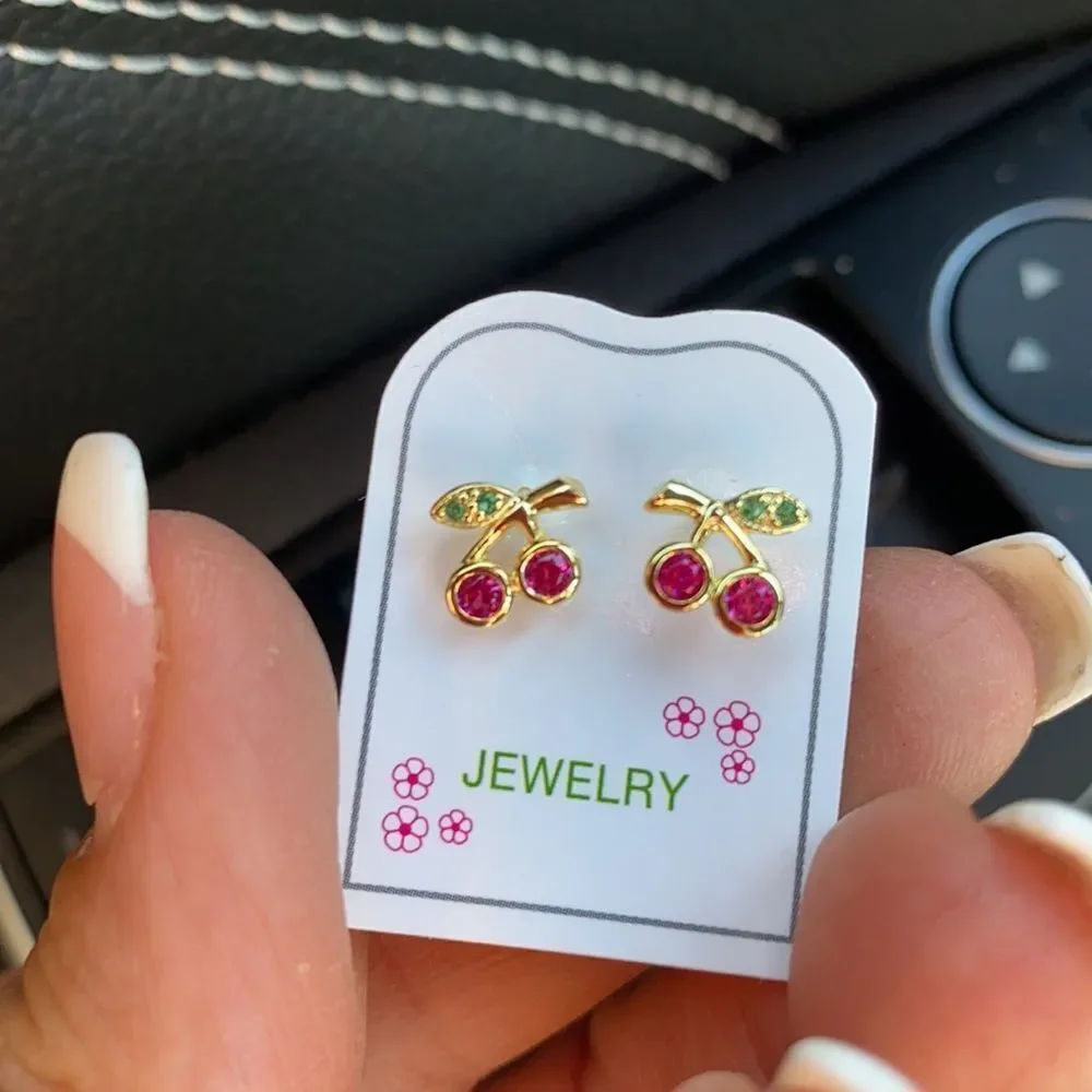 14k gold plated Cherry Enamel CZ Earrings